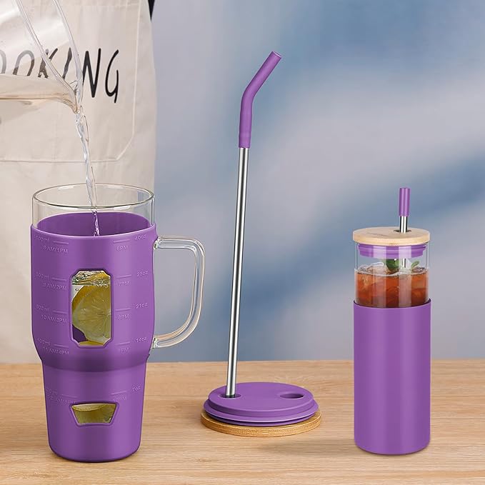 Glass Cups with Lids and Straws - 40 oz Tumbler with Handle - 16 oz Reusable Water with Bamboo Lid, Stainless Steel Straw, Silicone Sleeve for Coffee, Smoothi, Hot, Cold Drinks (2 Count)