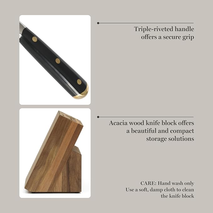 Martha Stewart 16-Piece Lockton High Carbon Stainless Steel Knife Block Set - Forged Full Tang Chef Knives, Acacia Wood Block, Triple Riveted Handles, Black & Gold - Image 6