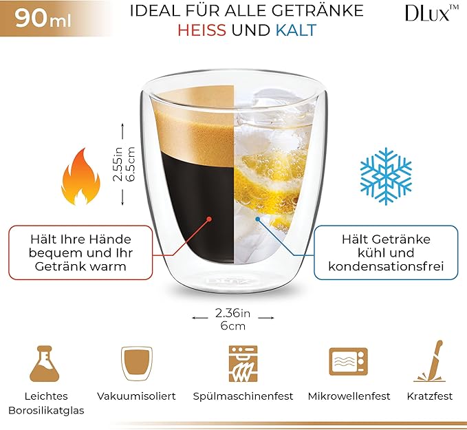 DLux Coffee Mugs, 12oz Latte Clear Glass Set of 2 Cups, Double Wall Insulated Borosilicate Glassware Cup - Wine, Tea Glasses