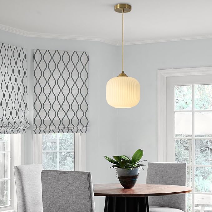 KCO Lighting Modern Brass Gold 7.9” Ribbed White Milk Glass Pendant Light | Adjustable Cord, E26 Small Mid Century Modern Hanging Light for Sloped Ceiling Kitchen Island Dining Room Bedroom Entryway - Image 8