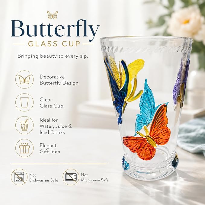 Butterfly Drinking Glasses Set of 2, 14oz Colored Highball Glasses | Vintage Glass Tumblers Hand Painted Glassware Water Tumbler for Water, Iced Coffee, Juice, Cocktails, Whiskey, Sparkling - Image 6