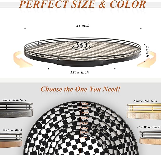 AMH 21-Inch Black and White Checkerboard Lazy Susan Decorative Tray | Smooth rotating oak tray with walnut finish for dining tables, kitchen counters, pantries and cabinet storage. - Image 6