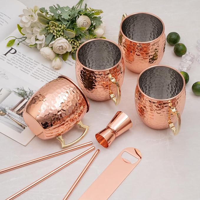 Amrules Moscow Mule Mugs Set of 4, 16 OZ Hammered Copper Cups with 304 Stainless Steel Lining and Gold Brass Handles, Includes Straws, Opener, Jigger, Brush, Fit for Cold Drinks, Bars, Parties - Image 7