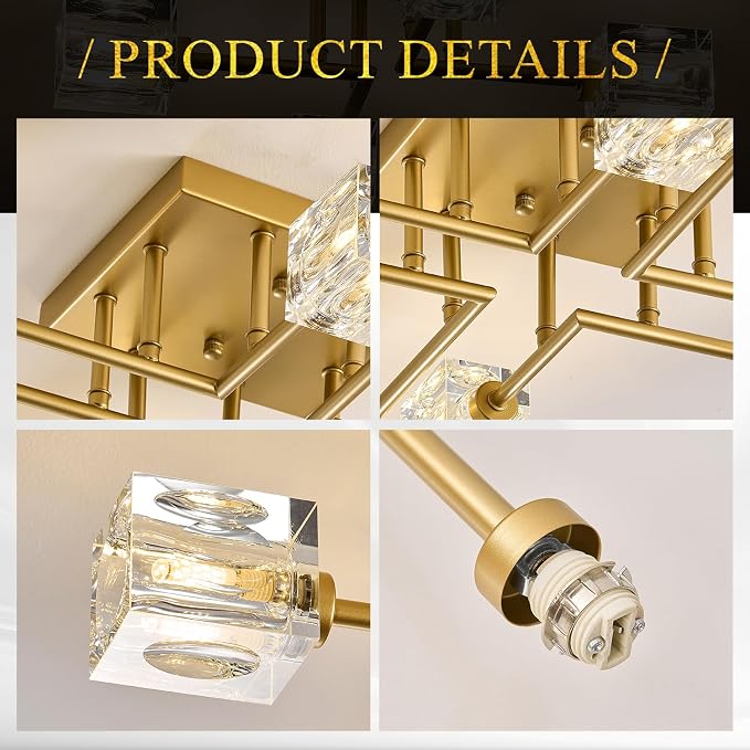 8-Light Gold Sputnik Chandeliers Modern Crystal Semi Flush Mount Ceiling Light Fixture L 31.5" Industrial Chandelier for Living Room Dining Room Foyer Entryway Kitchen Bedroom - Image 9