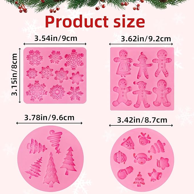 4 Pcs Christmas Silicone Molds 3D Christmas Molds Xmas Tree Santa Gingerbread Man Snowman Reindeer Snowflake Silicone Mold Winter Fondant Molds for DIY Crafts Cupcake Cake Decoration Candy Chocolate