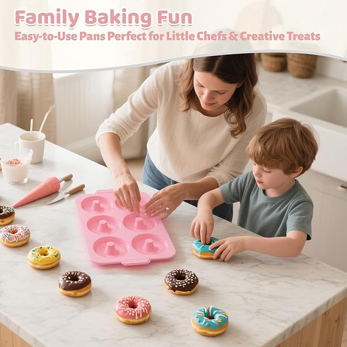 Nonstick Silicone Donut Pan: 4 Inch Large Donut Mold with Metal Frame - Bagel Doughnut Pan for Baking Gluten Free Glazed Vegan - for Oven Housewife Home Baker Baking Lovers (Pink & Beige)