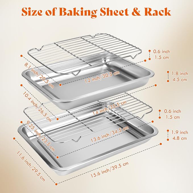 Baking Sheet with Rack Set, Stainless Steel Baking Sheet with Wire Rack Set - 2 Pans & 2 Racks, Oven Safe Baking Tray for Cookies, Bread, Pastries, and Roasting, 16x12x2 inch & 14x11x2 inch - Image 7