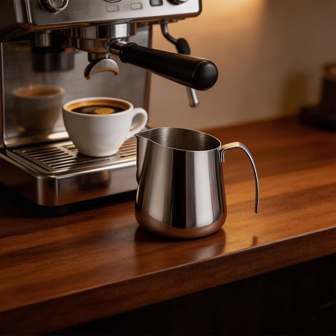 Espresso Milk Pitcher Stainless Steel with Angled Pour Spout, Measurement Marks and Side Handle for Home Coffee Mixing Pour Spout and Grip Handle for Coffee Prep - Image 9