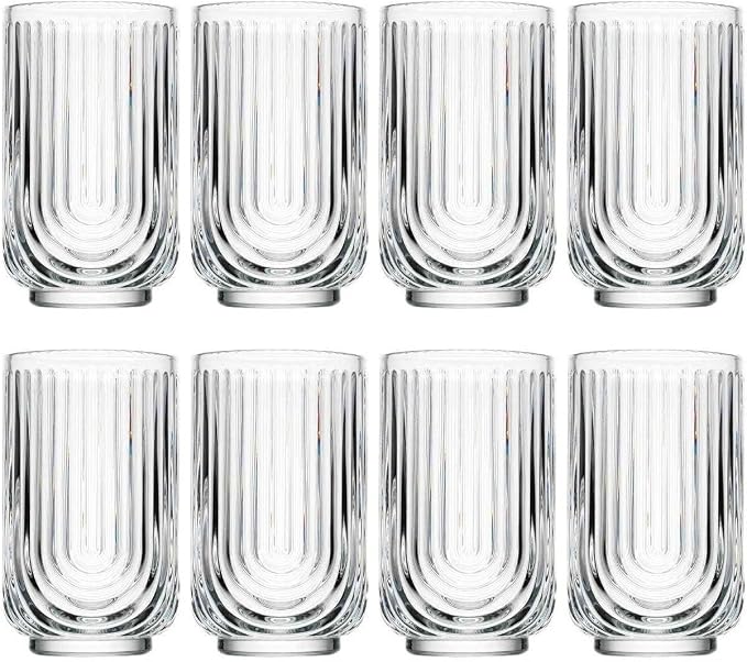 Glaver's Drinking Glasses Set of 8. 17oz Vintage Drinking Cups. Ripple Cocktail Glasses, Ribbed Drinking Highball Glass Cups. Arch Designed Art Deco Glassware for Water Juice Coffee. Package may Vary - Image 7