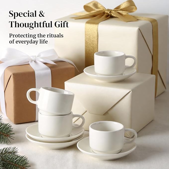 DOWAN 2.5 OZ Stackable Espresso Cups, Porcelain Coffee Cups with Saucers Set of 4, White Espresso Shot Cup, Tea Cups for Home, Office and Cafe Use - Image 9