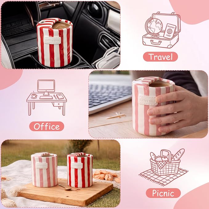 2 Pack Ceramic Coffee Mug with Sip Hole Espresso Cup 10oz with Straws Retro Hand Painted Striped Ceramic Iced Coffee Tea Travel Mug Latte Cup for Kitchen Dining (Simple,Red,Pink) - Image 7