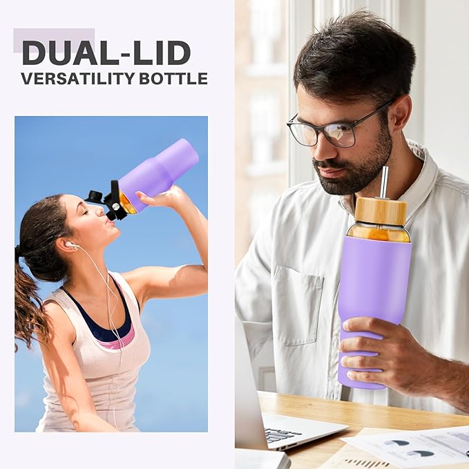 PROBTTL Glass Water Bottles 32 oz, 1 Liter Glass Tumbler, Borosilicate Water Bottle with Straw, Silicone Sleeve, 2 Lids - Handle Spout & Bamboo Straw Lid, Fits Car Cup Holder