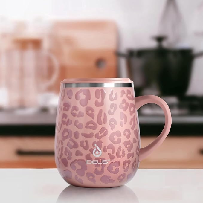 Ideus 16 oz (470 ml) Insulated Coffee Mug with Handle and Lid, Double Wall Stainless Steel Vacuum Thermal Coffee Mug, Travel Coffee Cup Thermal Cup for Home and Office, Leopard Pink - Image 9