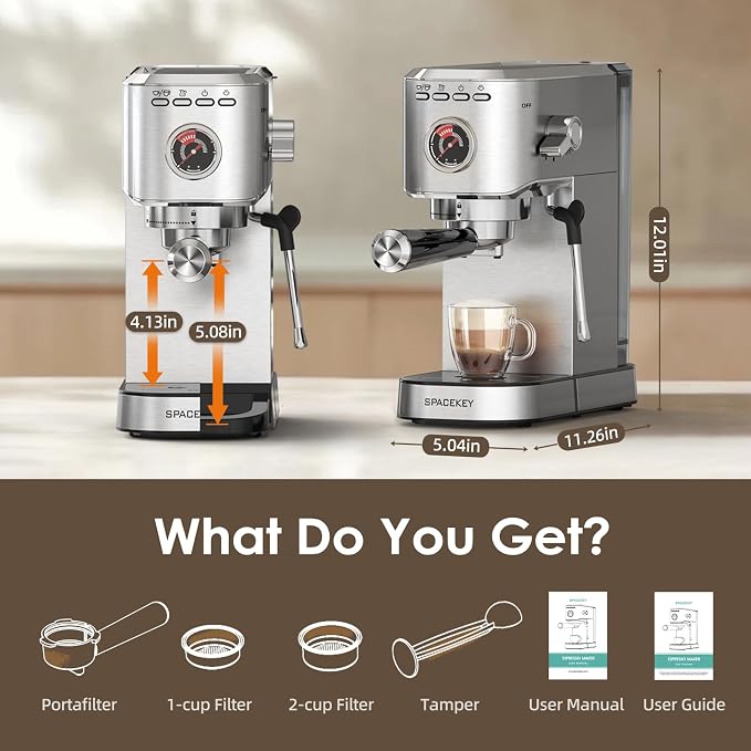 Spacekey Espresso Machine with Milk Frother, 20 Bar Compact Expresso Coffee Machines for Home, Stainless Steel Espresso Maker with 39oz Removable Water Tank for Cappuccino Latte, Fast Heating, Silver - Image 9