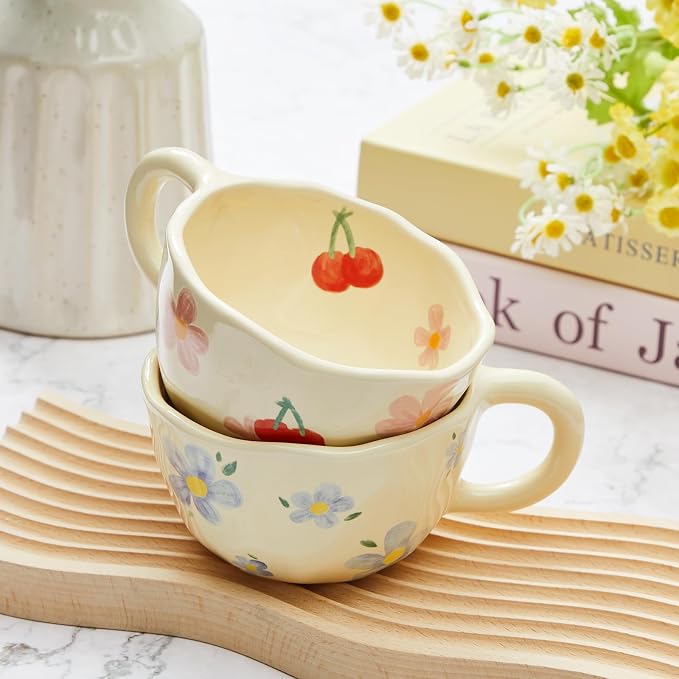 Vesici 2 Pcs Ceramic Coffee Mugs with Spoon, Vintage Floral Spring Mugs with Handle, 8.5 oz Aesthetic Flower Porcelain Tea Cup Set, Dishwasher & Microwave Safe Mothers Day Gifts for Mom(Lovely) - Image 6