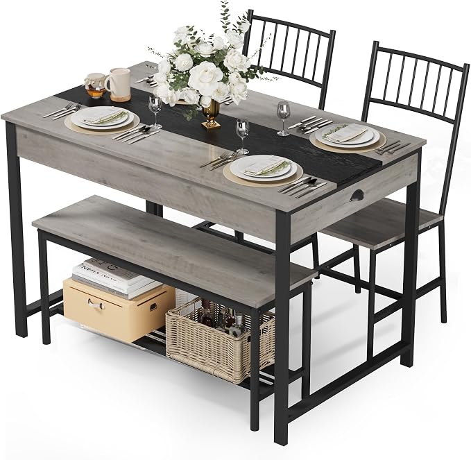 GarveeHome Dining Table Set for 4,Kitchen Table with Bench & 2 Chairs, Grey | Includes Storage Rack & Drawers, Space-Saving,Rectangular Farmhouse Style, Perfect for Breakfast Nook - Image 7