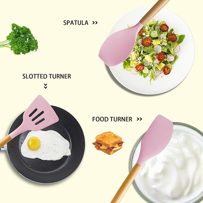 MIBOTE Silicone Cooking Kitchen Utensils Set, Wooden Handle, Pinky | BPA-Free, Non-Toxic Silicone Turner, Tongs, Spatula, Spoon Set – Great for Nonstick Cookware, Heat-Resistant, Easy Clean - Image 6