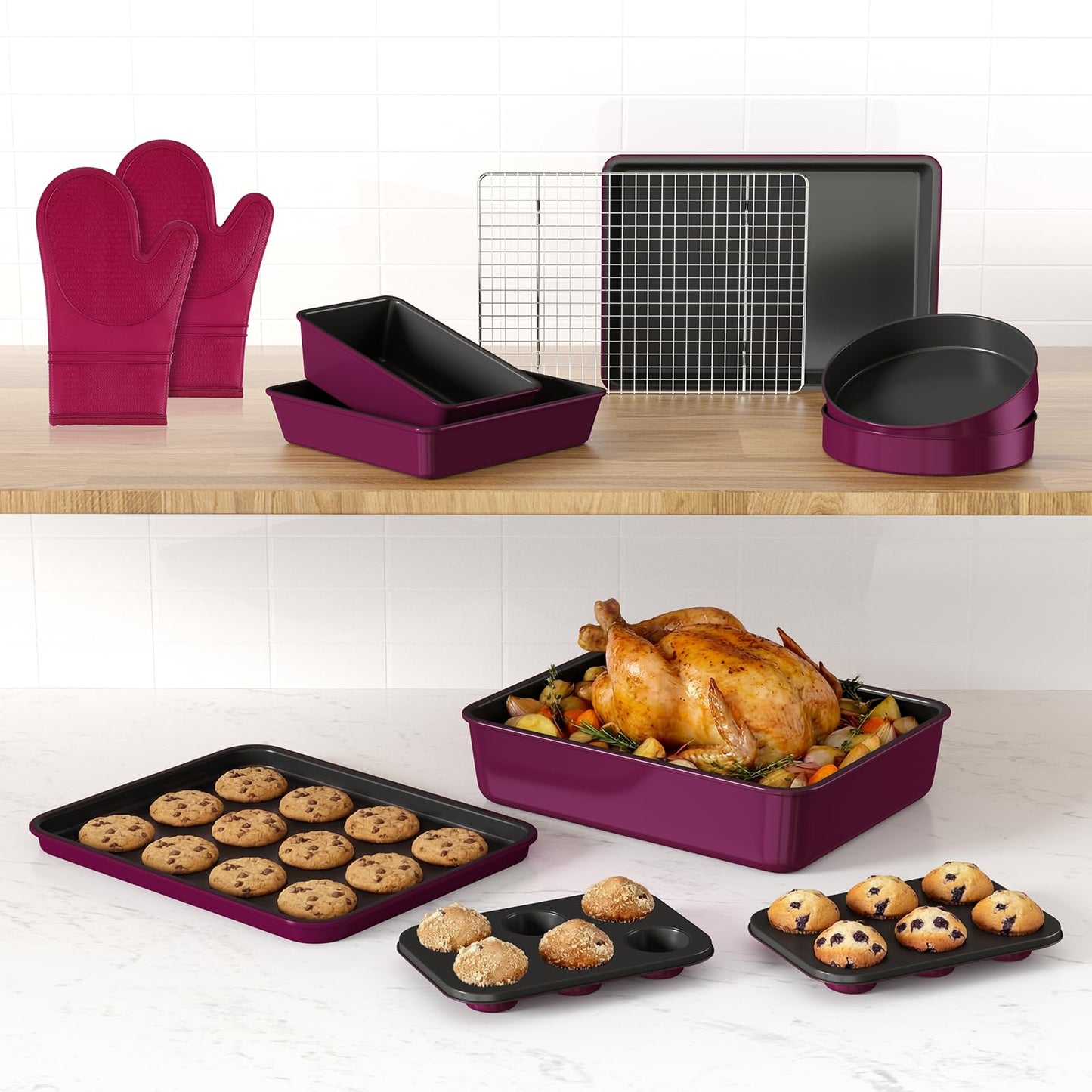 Wildone 13-Piece Baking Pans Set Nonstick - Stackable Bakeware Sets Including Cookie Sheets for Baking, Rack, Muffin Pan, Cake pan, Loaf Pan, Roasting Pan, Heavy Duty & Easy Clean, Plum