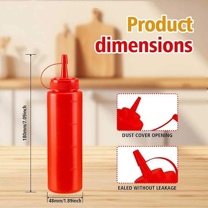 Squeeze Bottles for Sauces,Leak-Proof Condiment Dispenser, BPA-Free Kitchen Restaurant Squeeze Bottle Set with Wide Mouth for Ketchup, Mustard,Syrup,Dressings (Red, 6Pack-8oz(200ml))
