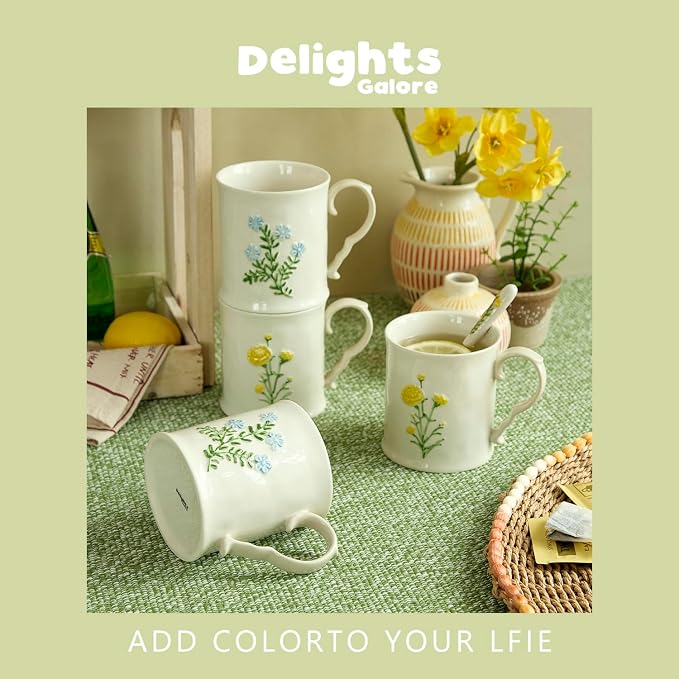 2 Pack Floral Ceramic Coffee Mugs - Yellow and Blue Flowers, Hand-Painted, Microwave & Dishwasher Safe, Ideal for Cappuccino, Tea, Hot Chocolate - Image 8