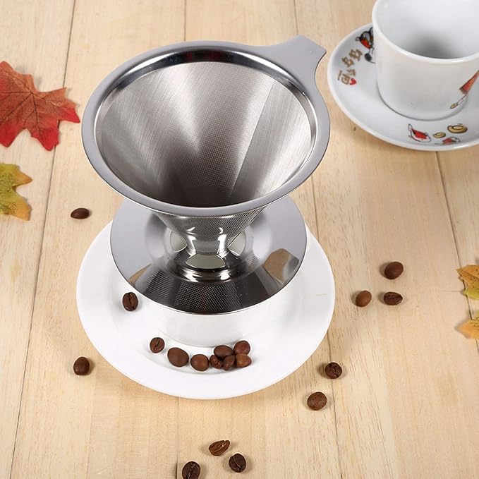 Eujgoov Double Layer Food Grade Stainless Steel Coffee Filter Silver 100x60mm Washable Reusable Fast Filtration for Home Office Travel Camping