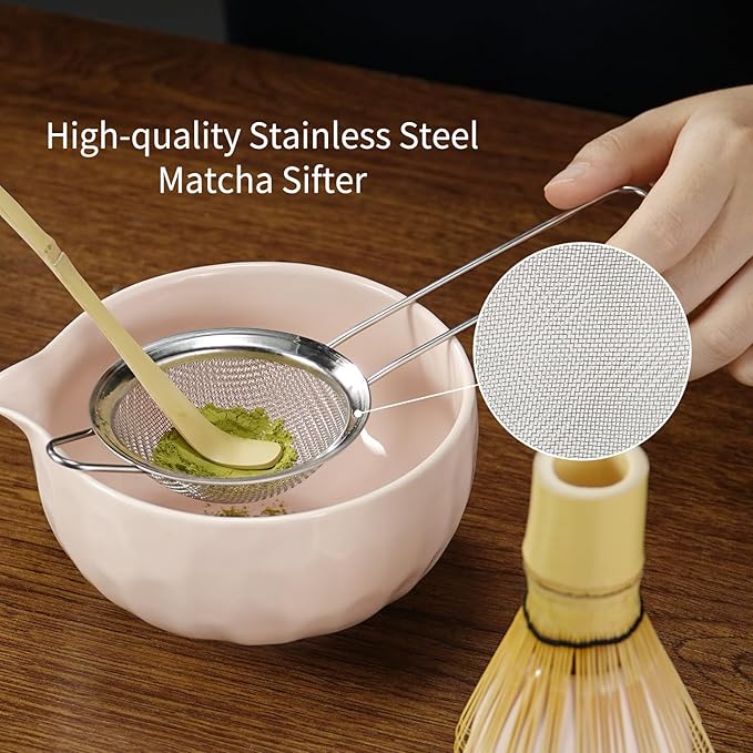 Matcha Whisk Set, 5 Pcs Matcha Kit with Ceramic Bowl (Chawan) with Spout, Bamboo Whisk, Scoop, Sifter, Holder & Tea Cloth – Japanese Matcha Tea Set for Ceremony, Latte & Gifting