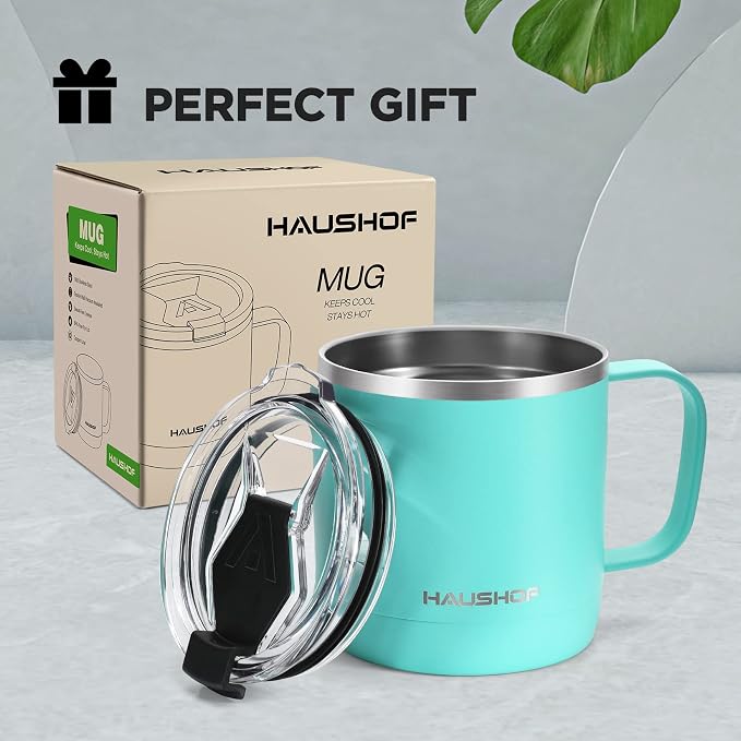HAUSHOF 14 oz Coffee Mug, Insulated Coffee Mug with Handle, Travel Camping Cup, Portable Stainless Steel Coffee Cup, Insulated Coffee Cups with Lid, Lake Blue - Image 7