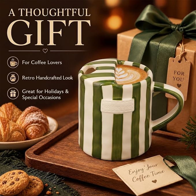 1 Pack Ceramic Coffee Mug with Sip Hole Espresso Cup 10oz with Straws Retro Hand Painted Striped Ceramic Iced Coffee Tea Travel Mug Latte Cup for Kitchen Dining (Handle,Green) - Image 7