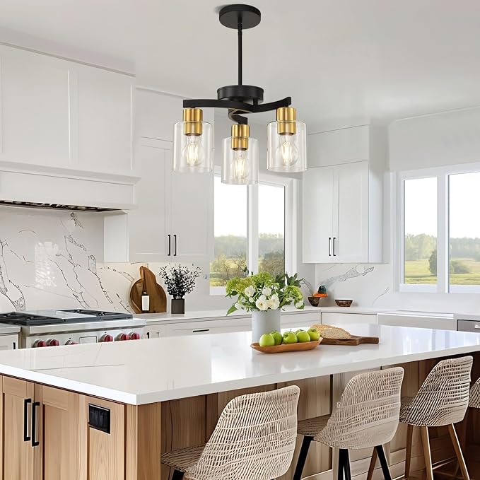 Black Brass Dining Room Chandelier, 3 Light Modern Industrial Pendant Light for Kitchen Island, Adjustable Height Ceiling Light with Clear Glass Shades,E26 Base,Dimmable - Image 9