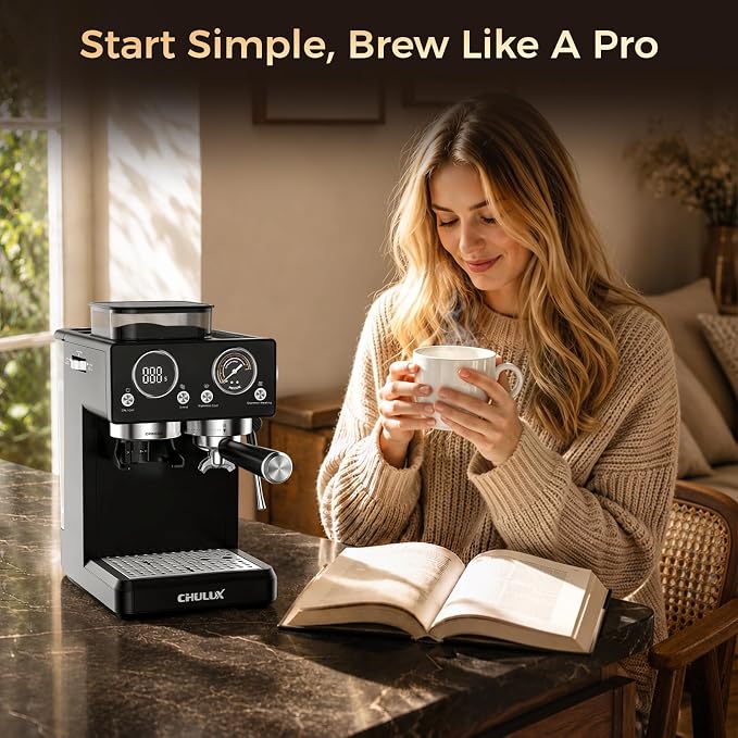 CHULUX Nero 20Bar Espresso Machine with Conical Burr Grinder for Cappuccino | Hot and Iced Espresso, 4-in-1 Brewing Function, Real-Time Pressure and Temp, Steam Wand for Microfoam, Home Barista Brewing - Image 9