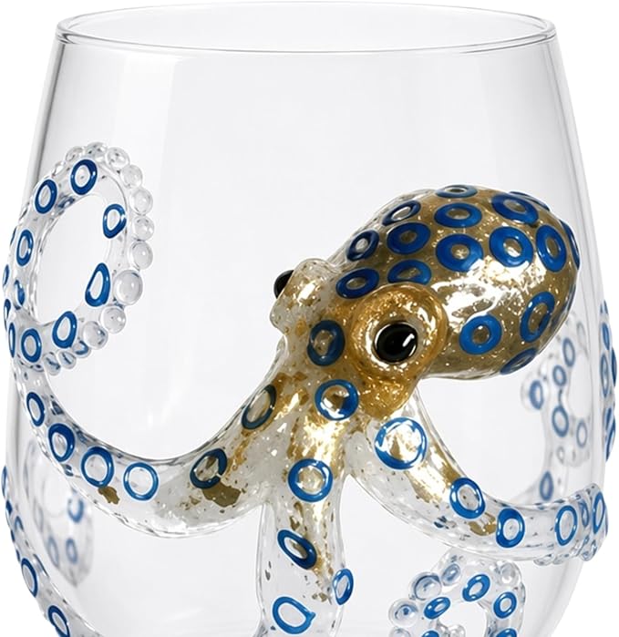 Handmade 3D Blue Ring Stemless Glass Wine Cup Ocean Bar (White Style 1) | 3D Sculpted Handmade Blue Ring Stemless Glass Ocean Cup Handblown Glassware (White Style 1) - Image 6