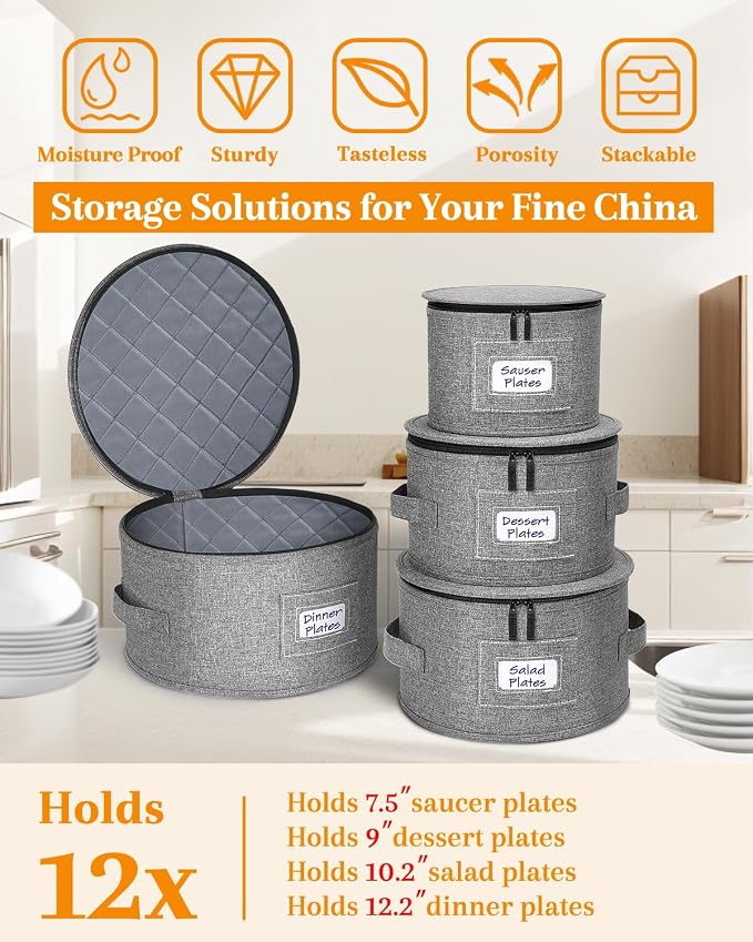 punemi China Storage Containers, 4-Set Hard Shell Dish Storage for Moving | Hard shell support with felt dividers for charger plates, dinnerware and china; stackable design holds set of 12 - Image 7