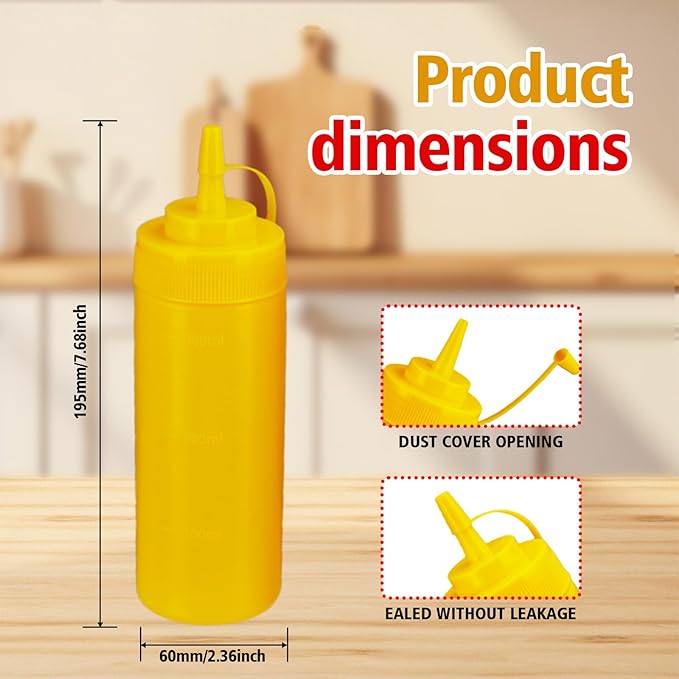 Squeeze Bottles for Sauces,Leak-Proof Condiment Dispenser, BPA-Free Kitchen Restaurant Squeeze Bottle Set with Wide Mouth for Ketchup, Mustard,Syrup,Dressings (Yellow, 6Pack-12oz(300ml))