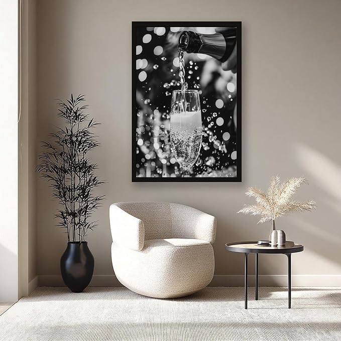 UXCBIA Pouring Champagne, Black And White Art, Wine Glasses Poster, Party, Retro Photography Canvas Poster Bedroom Decor Sports Landscape Office Room Decor Gift Black Frame 24x36in(60x90cm) - Image 8