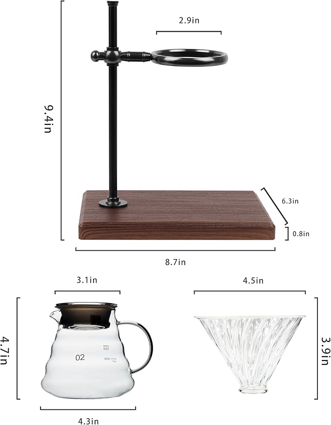 L'ÉPICÉA Pour Over Coffee Maker Set, Pour Over Coffee Maker with Stand, Adjustable Stainless Steel Stand, Wooden Base, Paper Filters, Cone Glass Carafe, Pour Over Coffee Dripper (Black)