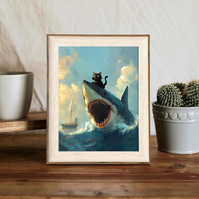 XOCUUI Cat Riding Shark Canvas Funny Cat Canvas Animal Decor Funny Shark Picture Coastal Theme Artwork Animal Prints Abstract Fish Picture Black cat Painting For Lover 8x10 - Unframed - Image 8