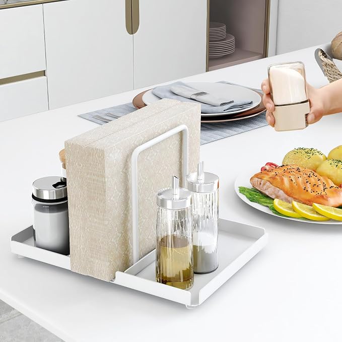 Napkin Holder for Table with Salt and Pepper Shakers Caddy, White | Metal Napkin Holder, Standing Paper Napkin Storage for Kitchen Dining Table Decor - Image 7