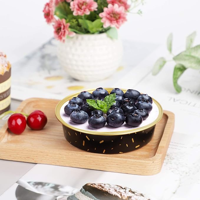 Beasea Mini Aluminum Pie Pans, 4 Inch 50 Pack Mini Pie Tins with Lids, 8 Oz Aluminum Foil Disposable Black Gold Cartoon Tart Pans Round Oven Baking Small Cake Tin for Cheesecake Quiche - Image 7