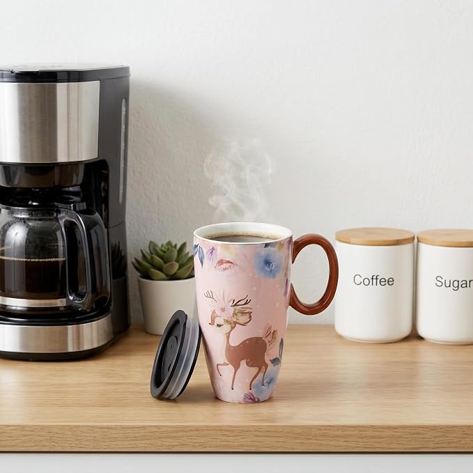 Cute Deer Mug - Travel Mug with Lid, Ceramic Large Coffee Mug, Christmas Holiday Birthday Gifts for Mom Wife Daughter 20oz - Image 7