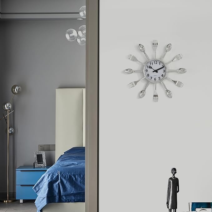 Clockswise Bulk Set of 10PC 14" Oversized Decorative 3D Cutlery Utensil Spoon and Fork Wall Clock, Silver Design for Vibrant Kitchen, Playroom, or Bedroom Decor, Battery-Operated Silent Sweep, - Image 5