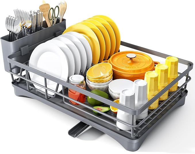 SNTD Dish Drying Rack for Kitchen Counter, 11.8" W x 16.7" L, Grey | Rustproof Stainless Steel, Large Capacity, Self-Draining Drainboard, Rotating Spout, Removable Utensil Holder by SNTD