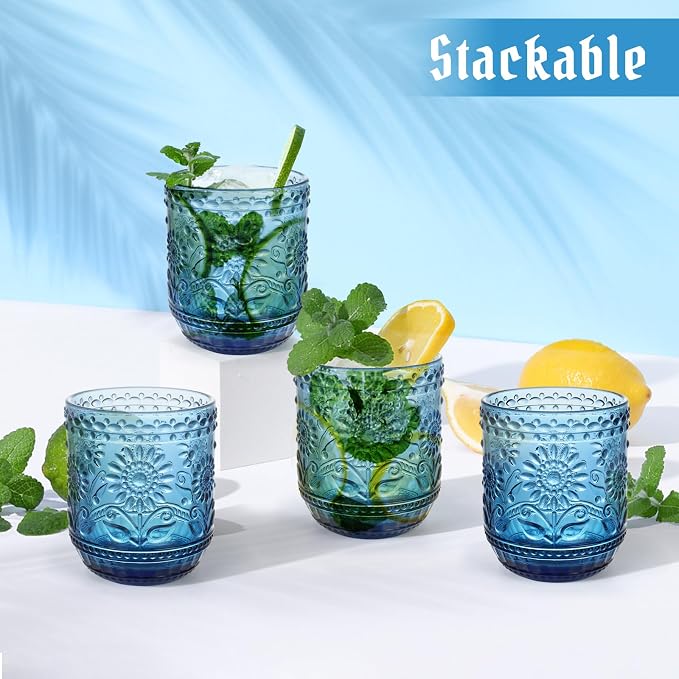 Topsky Vintage Drinking Glasses Set of 4,12oz Drinkware Set,Blue Glass Cups Wine Glasses Colored Glassware for Whisky,Beer,Juice,Cocktail,Heavy Duty - Image 8