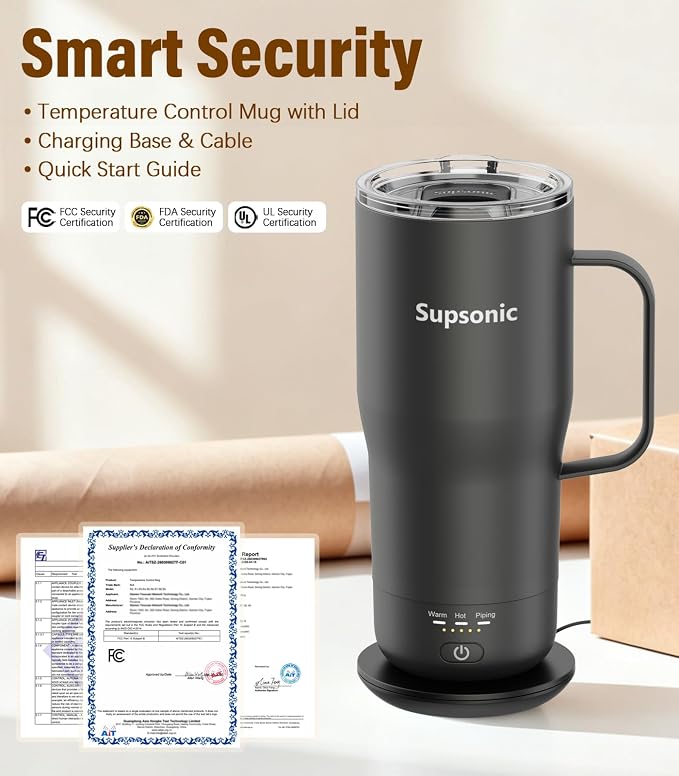 Supsonic Heated Coffee Mug Rechargeable, 20oz Long-Lasting Battery (S3) | Dry-burn protection, 2Hr auto-off, 3-Temp settings, Constant temperature, Inner stainless steel, Warm gift for men women - Image 8
