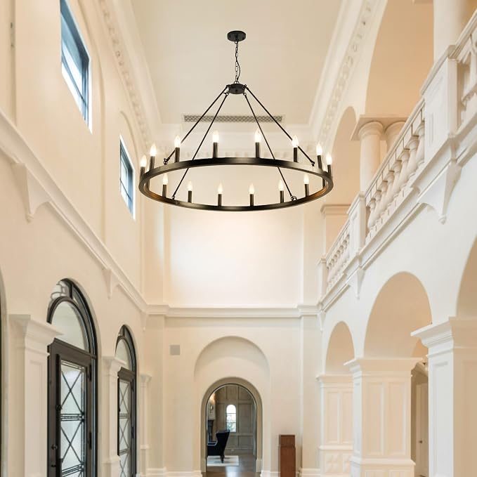 16-Light Black Wagon Wheel Chandelier Farmhouse, 43" Extra Large Chandeliers for High Ceilings, Round Matte Black Chandelier for Dinning Room, Kitchen Island, Entryway, Foyer, Living Room, Entrance - Image 8