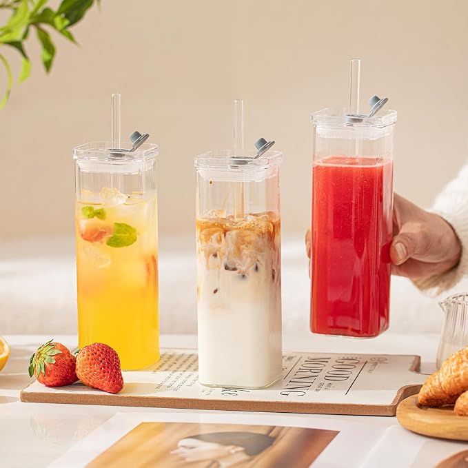 KEMORELA 12 Sets Square Drinking Glass Cups with Lids & Straws, 17 Oz Clear Highball Glasses for Cocktail, Iced Coffee, Juice, Beer - Modern Glass Tumblers - Image 8