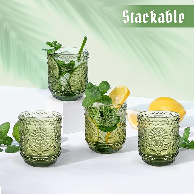 Topsky Vintage Drinking Glass Set of 4,12 oz Embossed Floral Drinkware Set,Green Drinking Glasses Cups Wine Glasses Colored Glassware for Whisky,Beer,Juice,Cocktail,Heavy Duty - Image 8