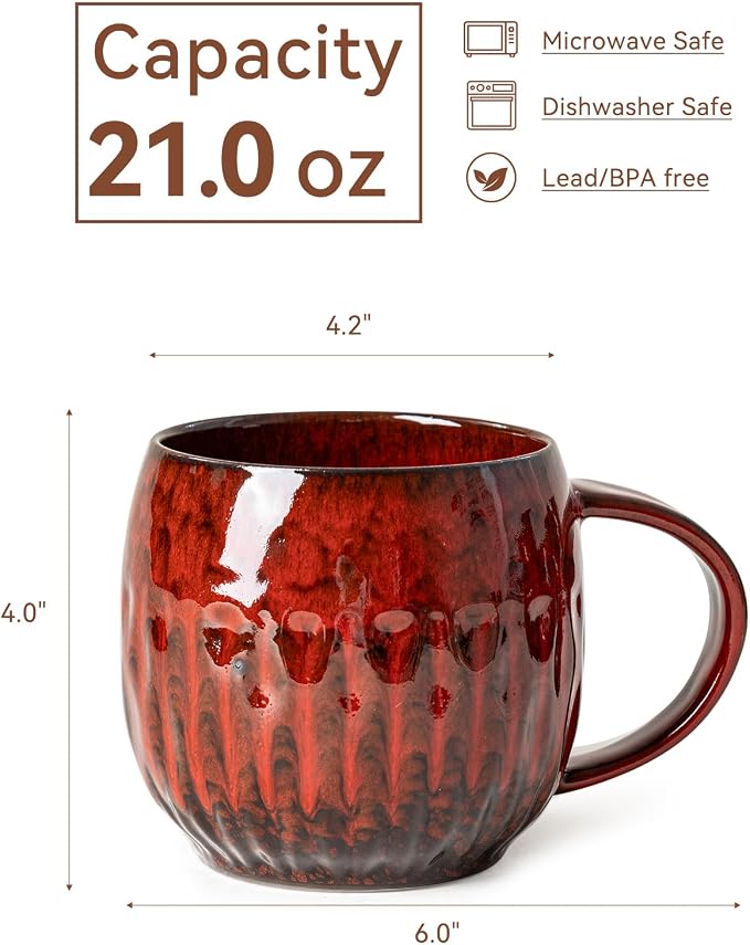 Crimson Surge Ceramic Coffee Mug - 21 oz Unique Reactive Glaze Coffee Cup with Large Handle, Aesthetic Cute Mug for Men Women Desk Gift Box - Image 8