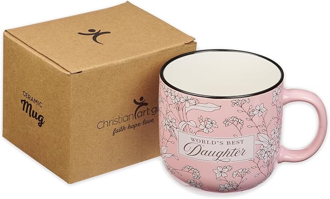 Christian Art Gifts Large Dishwasher/Microwave Safe Ceramic Coffee & Tea Mug for Daughters: World's Best Daughter Encouraging Bible Verse, Non-toxic Lead-Free Cup for Women, Pink/White Floral, 14 oz. - Image 5