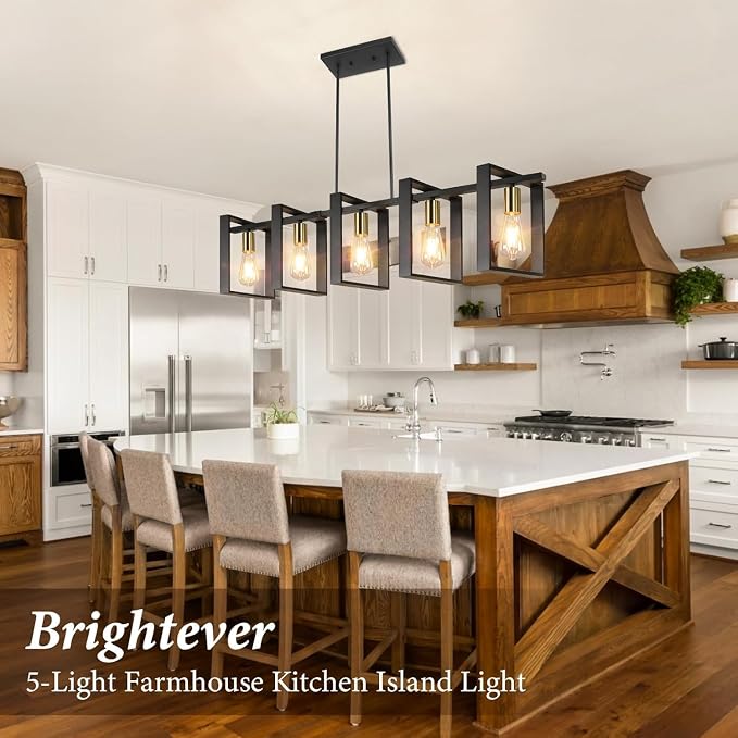 5-Light Black Gold Dining Room Light Fixture, 53’’ Farmhouse Wood Chandelier Kitchen Island Lighting Over Table, Modern Black Rectangular Hanging Pendant Light Fixture for Living Room, E26 Sockets - Image 7