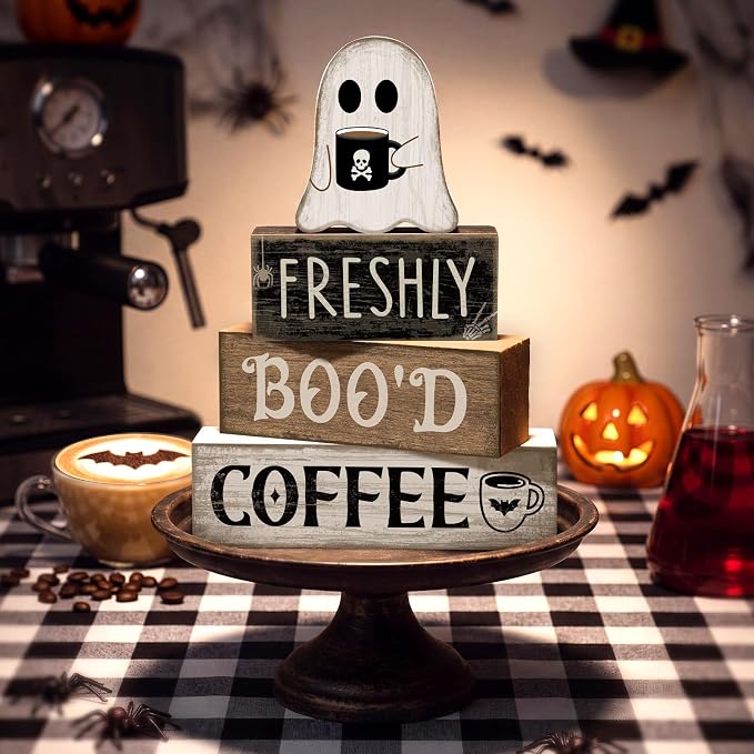 Moucuny 4 Pcs Halloween Coffee Table Decorations Cute Ghost Stacked Wooden Decor - Freshly Boo'd Coffee Halloween Tiered Tray Decor Rustic Ghost Table Centerpiece for Home Kitchen Shelf Bar - Image 7